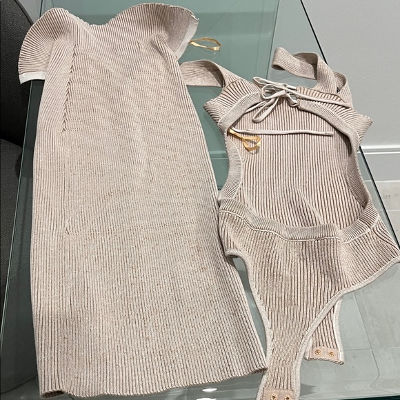 Beige Ribbed Dress and Bodysuit Set - Picture 4 of 4